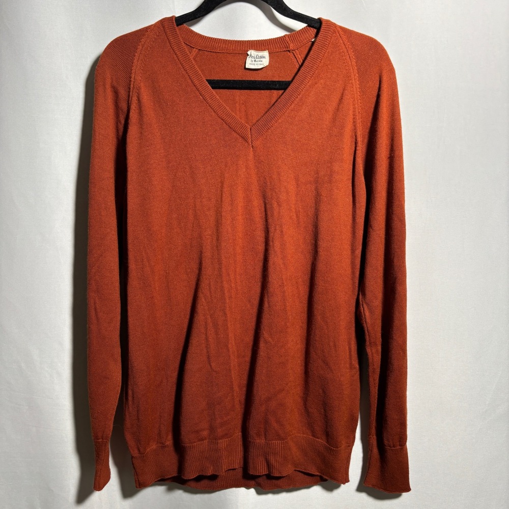 VTG Oleg Cassini Burnt Orange Wool Blend Sweater V Neck Mens L Italy Made‎ Prep